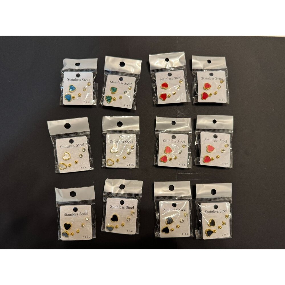 Heart Shaped Earrings & Ear Studs 3-Pack Assorted Colors Stainless Steel 316L